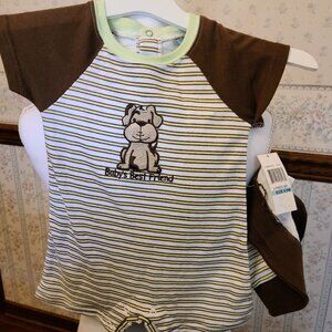 LITTLE BY LITLLE BABY BOY 2-PIECE ROMPER & HAT SET-BROWN/WHITE-NWT-6 TO 9 MONTHS